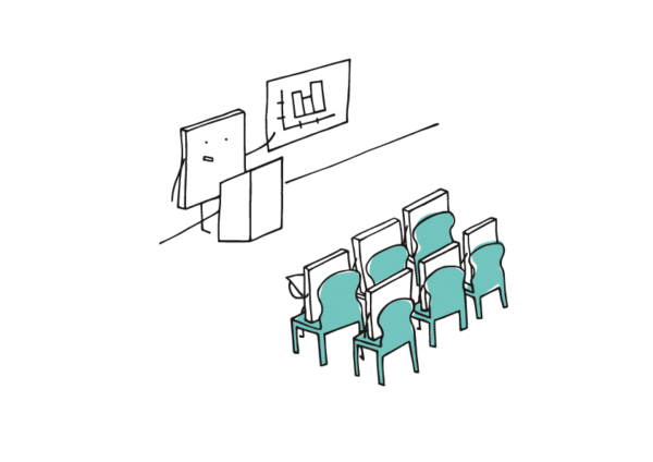 Die Graphik zeigt einen Vorlesungssaal. Vorne an der Tafel steht ein Pixelchen hinter einem Pult und erläutert sechs sitzenden Pixelchen, die zuhören, ein Balkendiagramm.