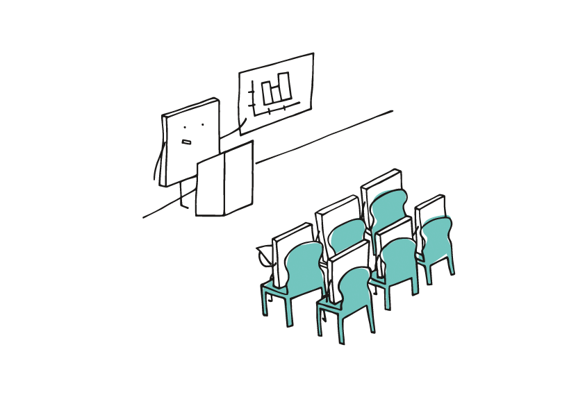 Die Graphik zeigt einen Vorlesungssaal. Vorne an der Tafel steht ein Pixelchen hinter einem Pult und erläutert sechs sitzenden Pixelchen, die zuhören, ein Balkendiagramm.